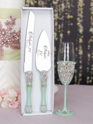 Sage Green Pink quinceanera cake knife and server