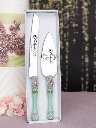 Sage Green Pink quinceanera cake knife and server