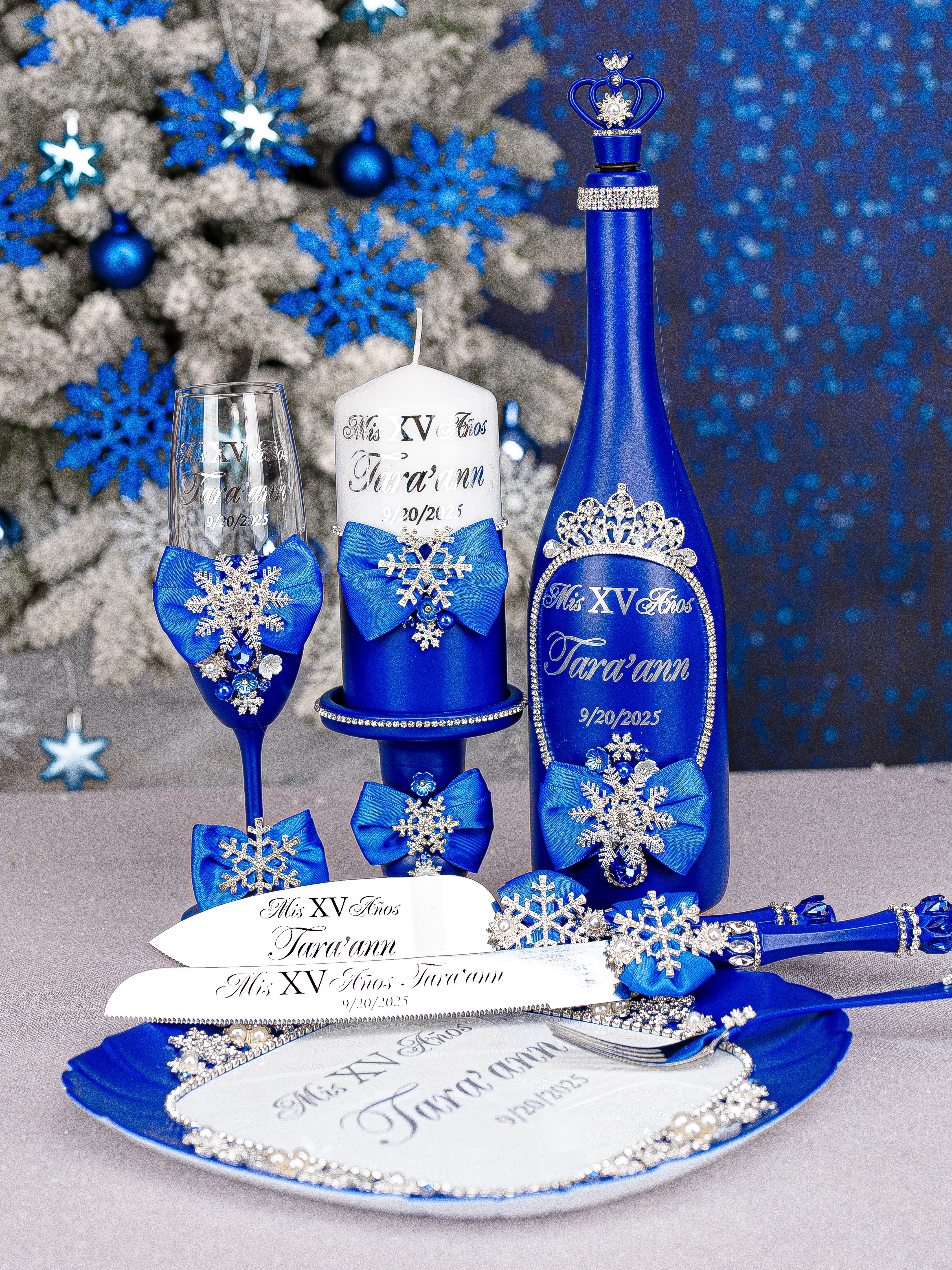 Winter Quinceanera Royal Blue Champagne Glasses Set / quinceanera