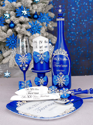 Royal blue winter theme 1 quinceanera champagne glass