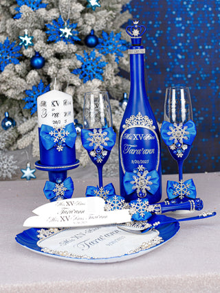 Royal blue winter theme 1 quinceanera champagne glass