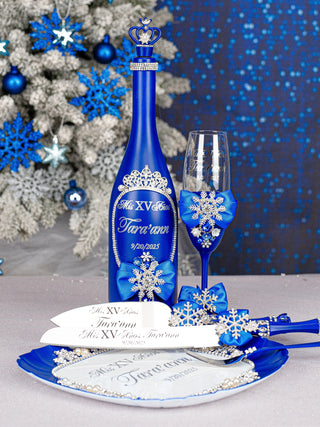 Royal blue winter theme 1 quinceanera champagne glass