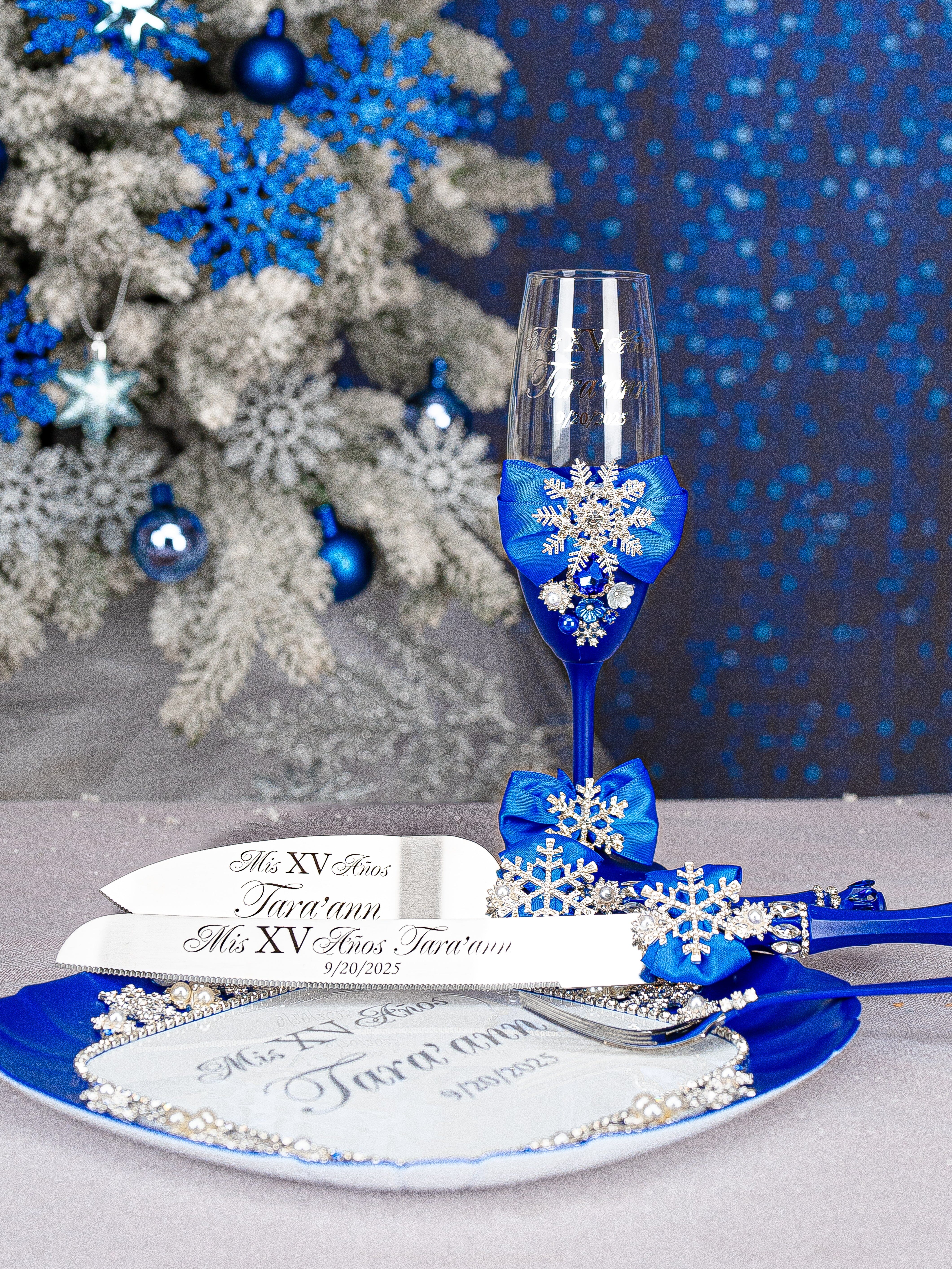 Winter Quinceanera Royal Blue Champagne Glasses Set / quinceanera
