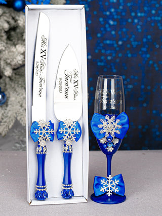 Winter cake knife set with 1 glass