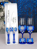 Winter Quinceanera cake knife set with 2 glasses royal blue