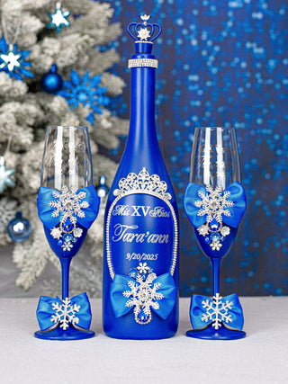 Winter Quinceanera bottle with 2 glasses royal blue