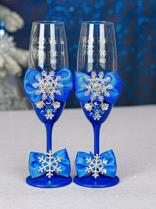 Winter Quinceanera 2 champagne glasses royal blue