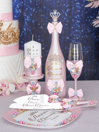 Baby pink blue 4 quinceanera champagne glasses