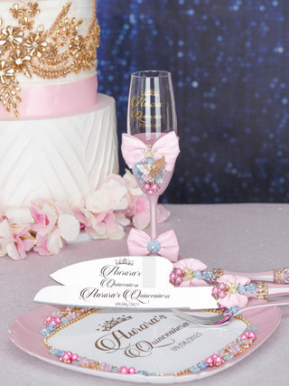 Baby pink blue 2 quinceanera champagne glasses