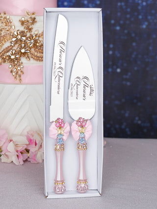 Baby pink blue quinceanera cake knife and server