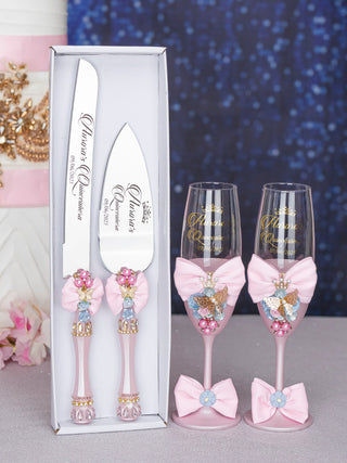 Baby pink blue quinceanera cake knife set with 2 glasses