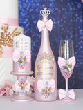 Baby pink blue quinceanera package of bottle, glass and candle