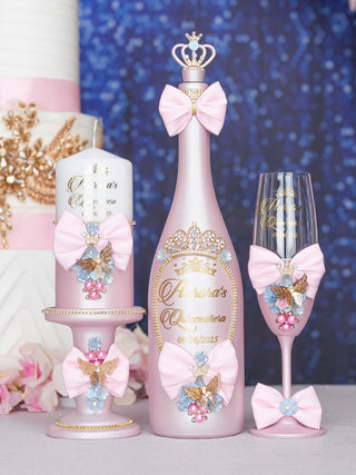 Baby pink blue quinceanera brindis package with candle