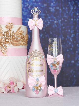 Baby pink blue quinceanera cake knife set with 1 glass