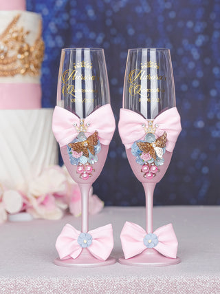 Baby pink blue 2 quinceanera champagne glasses