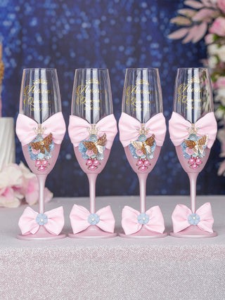 Baby pink blue 4 quinceanera champagne glasses