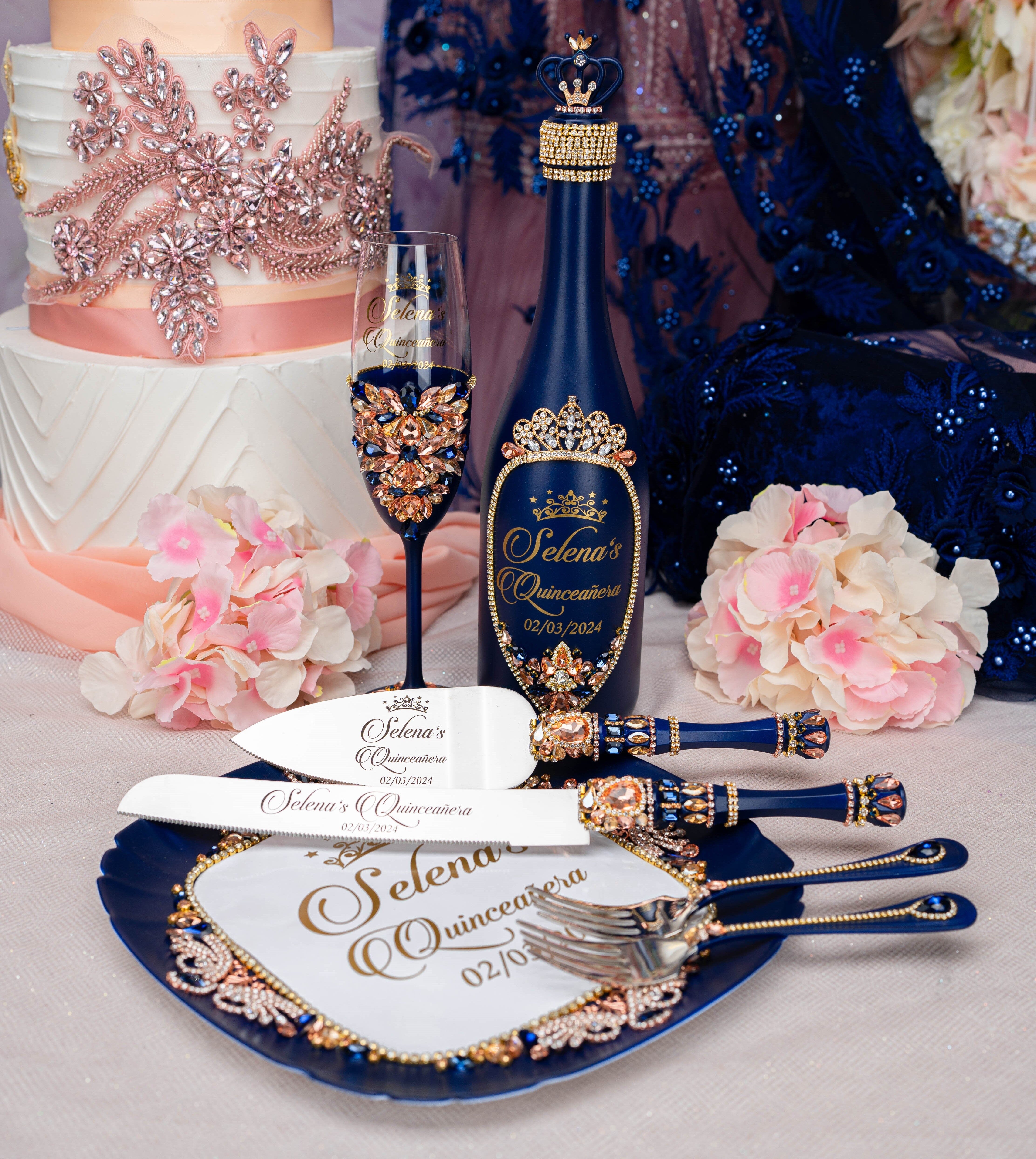 Navy Blue with Rose Gold quinceanera brindis package with bottle /  quinceanera-decor