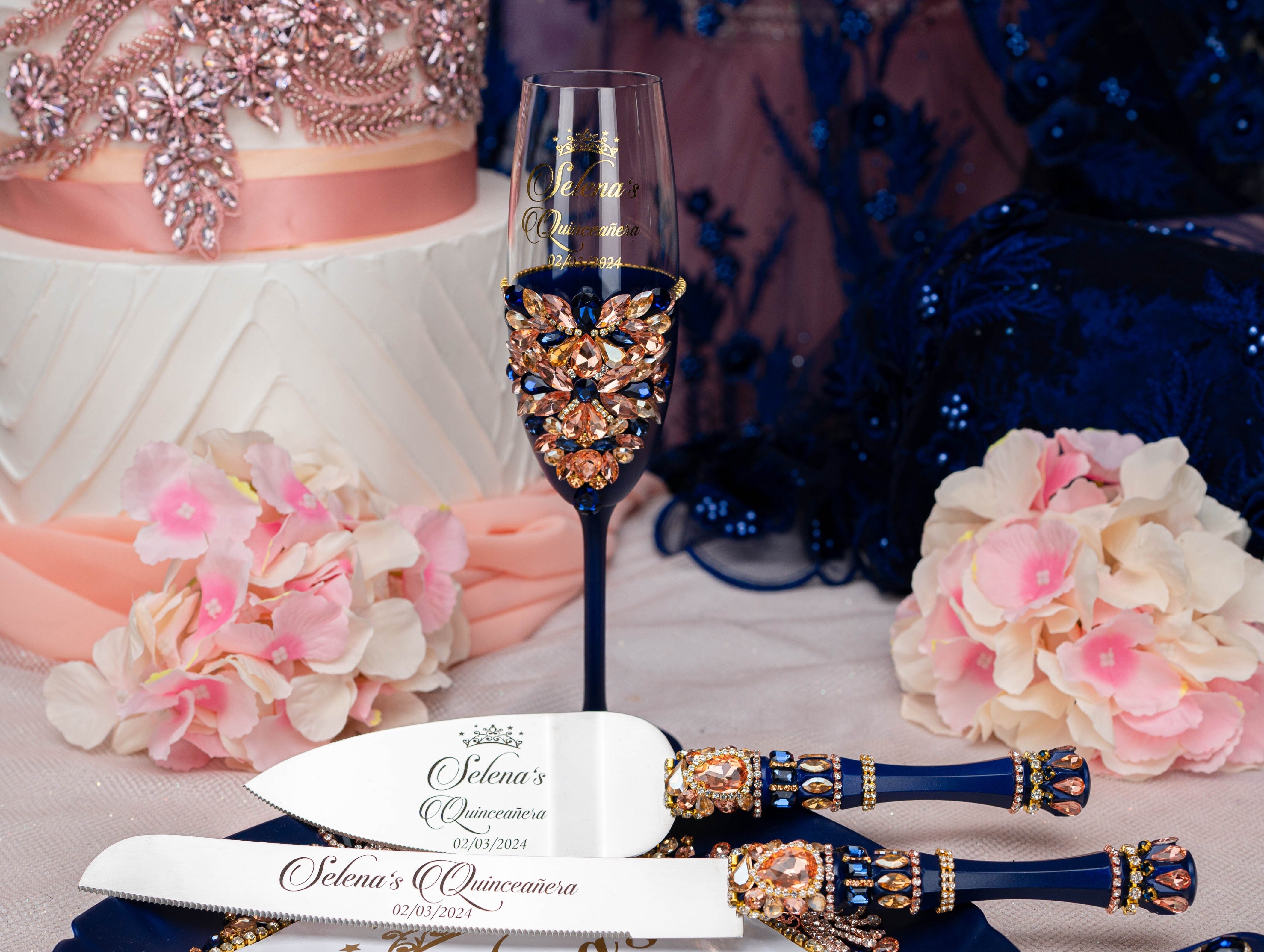 Navy Blue with Rose Gold quinceanera cake knife set with 1 glass /  quinceanera-decor