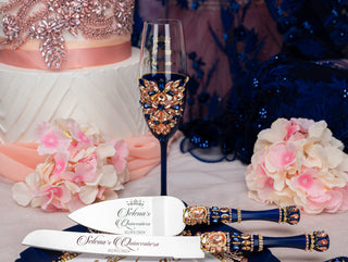 Navy Blue with Rose Gold quinceanera cake knife set with 1 glass