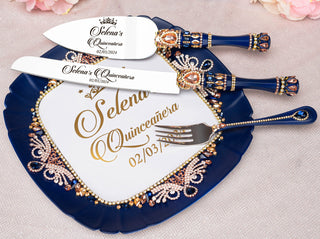 Navy Blue with Rose Gold quinceanera cake knife set with plate and fork