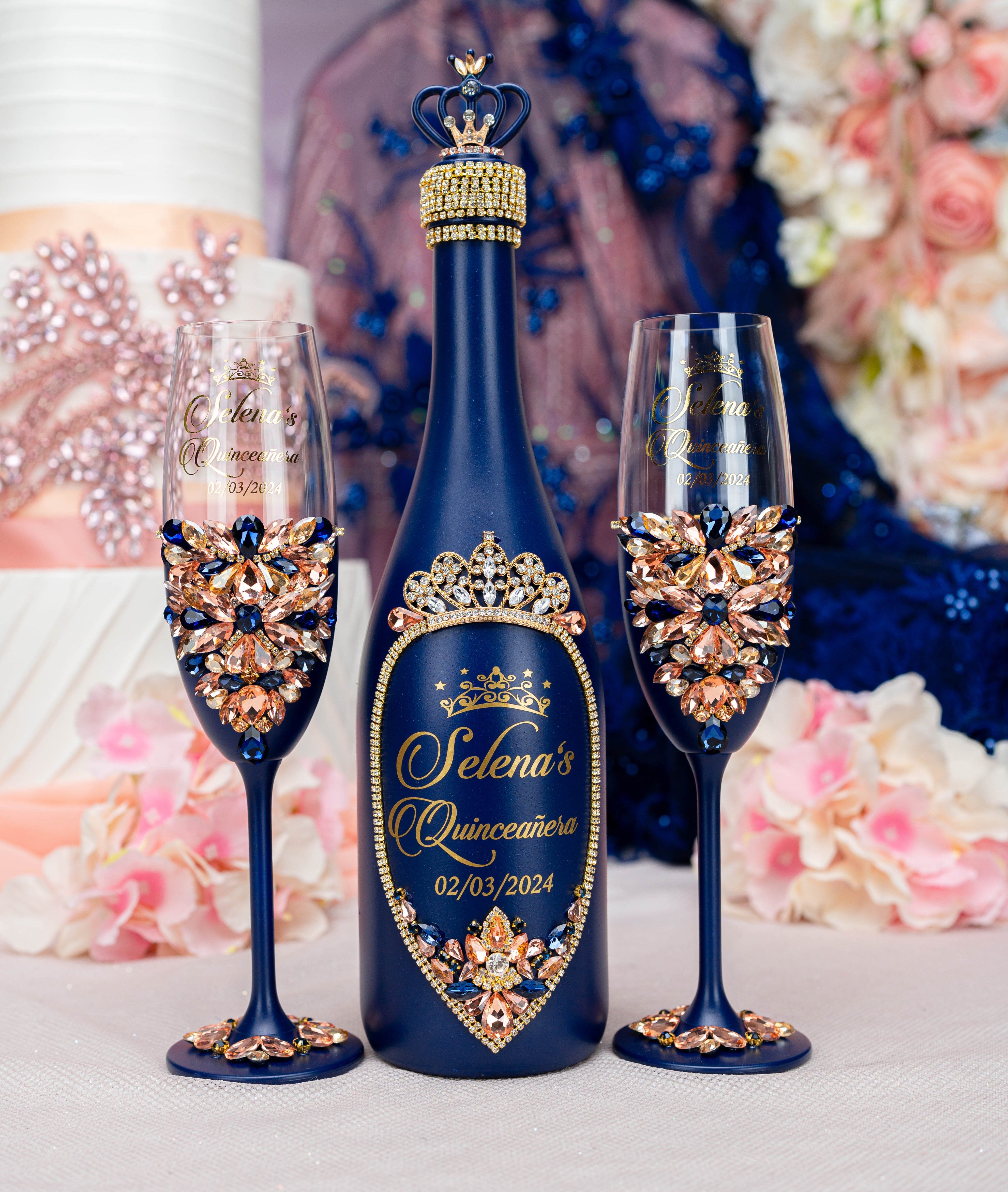 Quinceanera Bottle and glass in navy blue with rose gold accents quinceanera decor