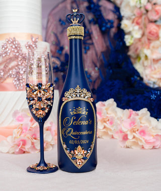 Navy Blue with Rose Gold quinceanera bottle with 1 glass