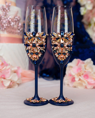 Navy blue with rose gold 2 quinceanera champagne glasses