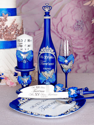 Royal blue with butterfly quinceanera package of bottle, glass and candle