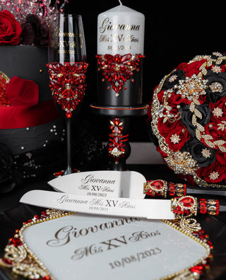 Black with Red quinceanera brindis package with candle