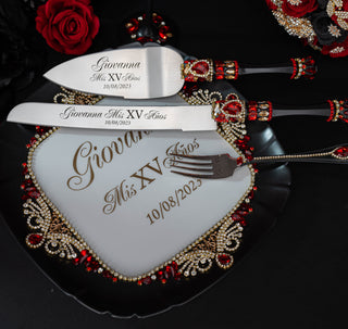Black with Red quinceanera cake knife set with plate and fork