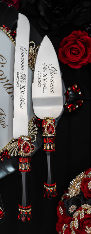 Black with Red quinceanera cake knife and server