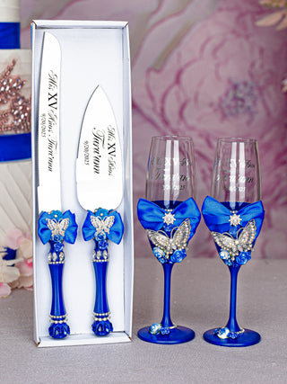 Royal blue with butterfly cake knife set with 2 glasses