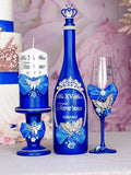 Royal blue with butterfly quinceanera package of bottle, glass and candle