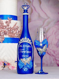Royal blue with butterfly quinceanera bottle with 1 glass