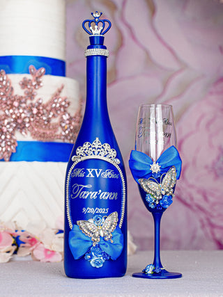 Royal blue with butterfly quinceanera bottle with 1 glass