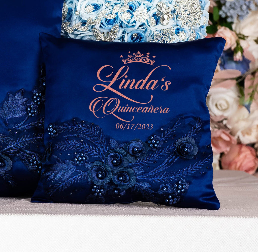 Navy Blue Tiara Pillow for Quinceanera | Navy Rose gold Quince cushion ...