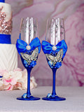 Royal blue with butterfly 2 quinceanera champagne glasses