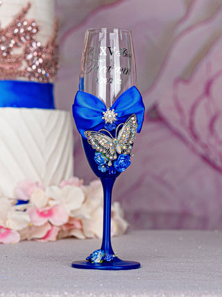 Royal blue with butterfly quinceanera 1 champagne glass