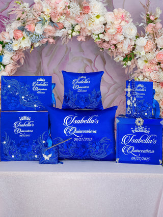 Royal Blue Silver Quinceanera bible, rosary and guest book