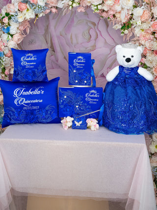 Royal Blue Silver Quinceanera theme package of pillows set, Bible and guest book