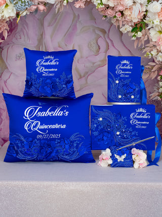 Royal Blue Silver Quinceanera package of pillows set, Bible, rosary and guest book