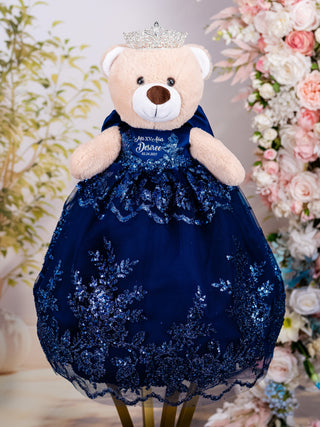 Navy Blue Silver with Bow brown teddy bear for quinceanera