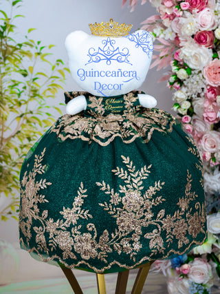 Green with Gold brown teddy bear for quinceanera