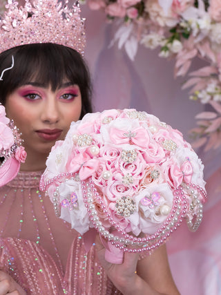 Pink white quinceanera bouquet 13 inches