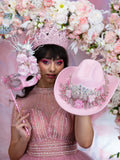 Pink quinceanera package of masquerade mask, cowgirl hat and crown