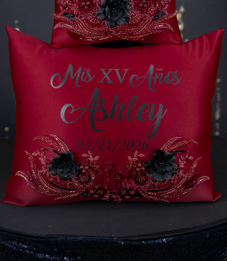 Burgundy Black quinceanera kneeling pillow, shoes pillow