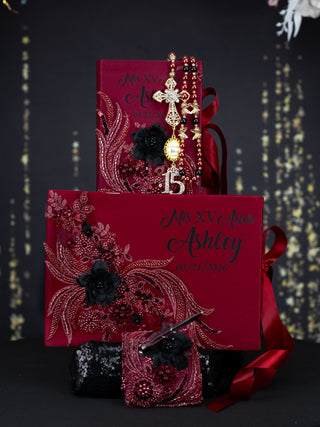 Burgundy Black Quinceanera Biblia and rosary (English version)
