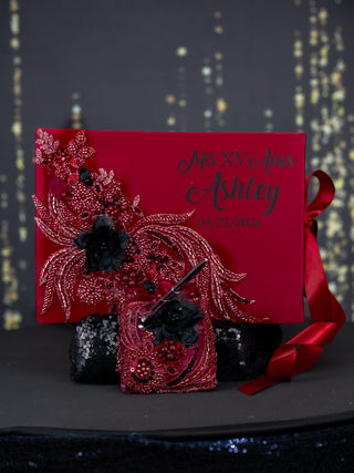 Burgundy Black quinceanera guest book with pen
