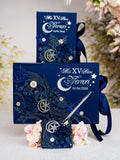 Moon and Stars themed quinceanera navy bible, rosary and guest book