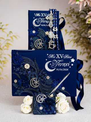 Moon and Stars themed quinceanera navy 2 champagne glasses